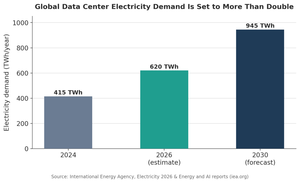 Global data center electricity demand growth chart 2024 to 2030