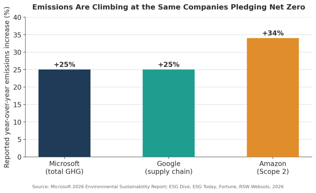Chart showing Microsoft Google Amazon emissions increase 2025 2026 due to data centers